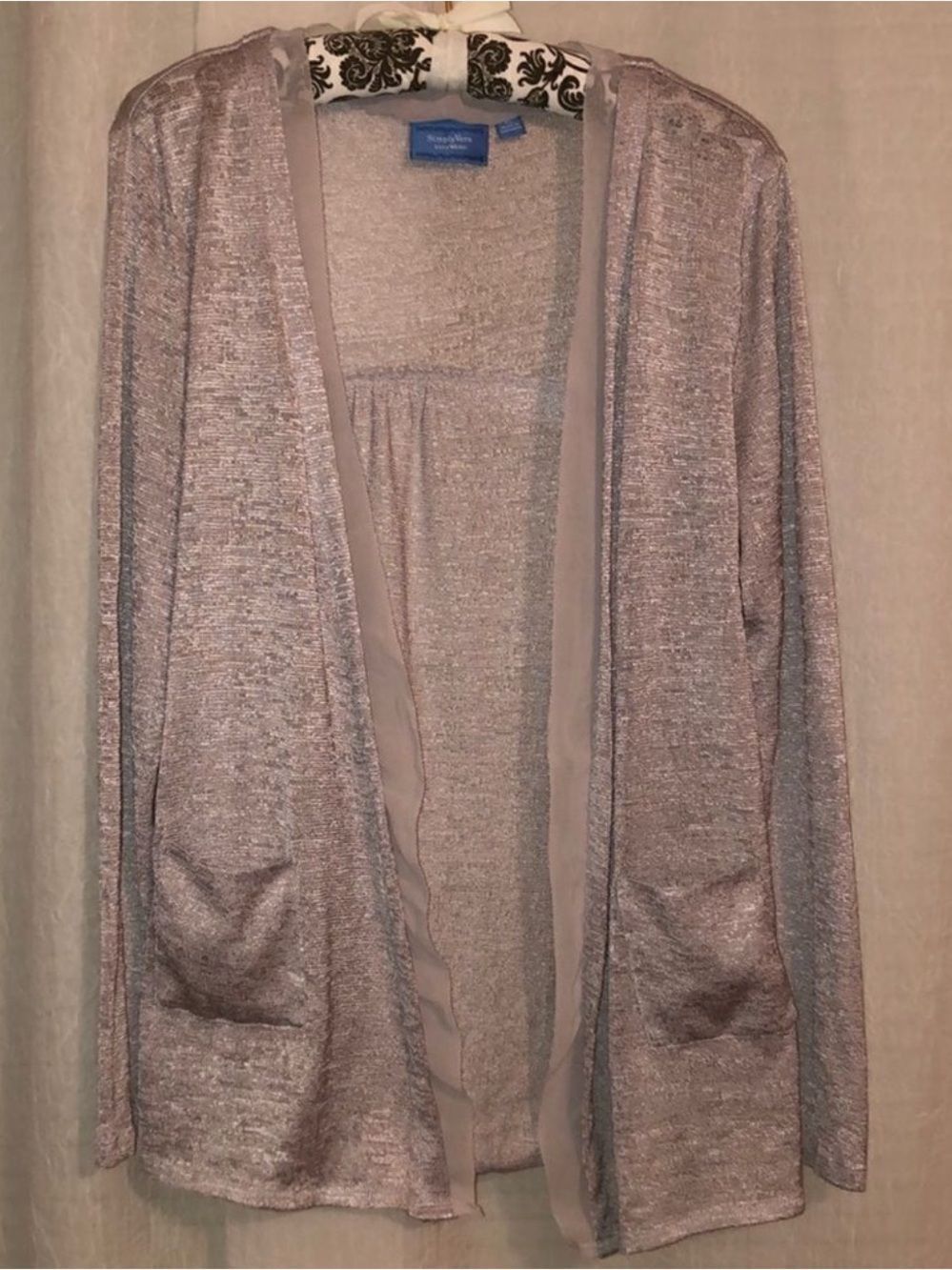 Simply Vera XL Light Knit Shiny Open Front Ribbon Detail Cardigan with Pockets